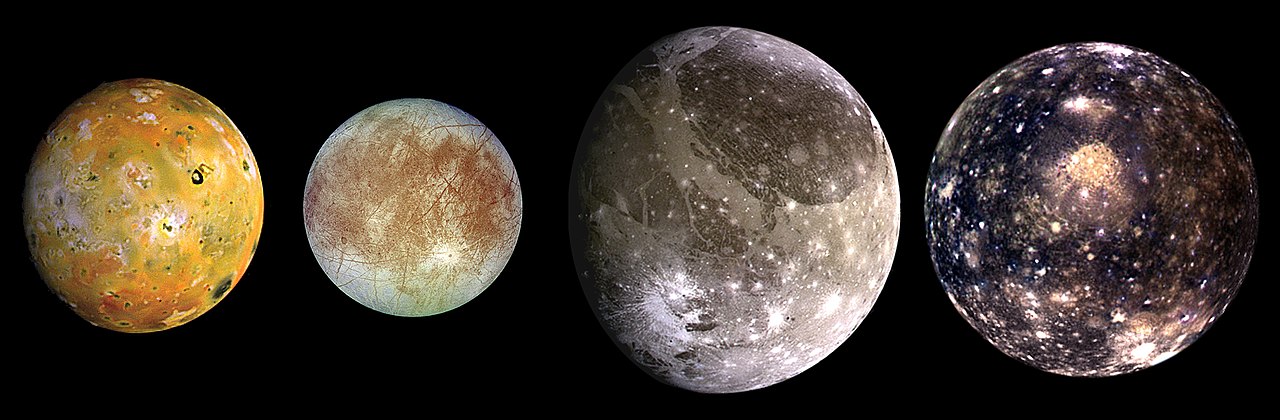 Les quatre satellites galiléens : Io, Europe, Ganymède et Callisto.